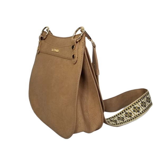 Steve Madden BSwiss Womens Saddle Bag in Tan with Embroidered Guitar Strap - Picture 4 of 12